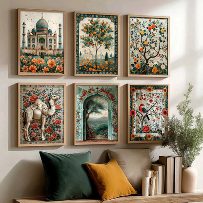 Traditional Indian Inspired Madhubani Art Prints with Frame for Living Room Bedroom Home and Office Wall Décor Set of 6