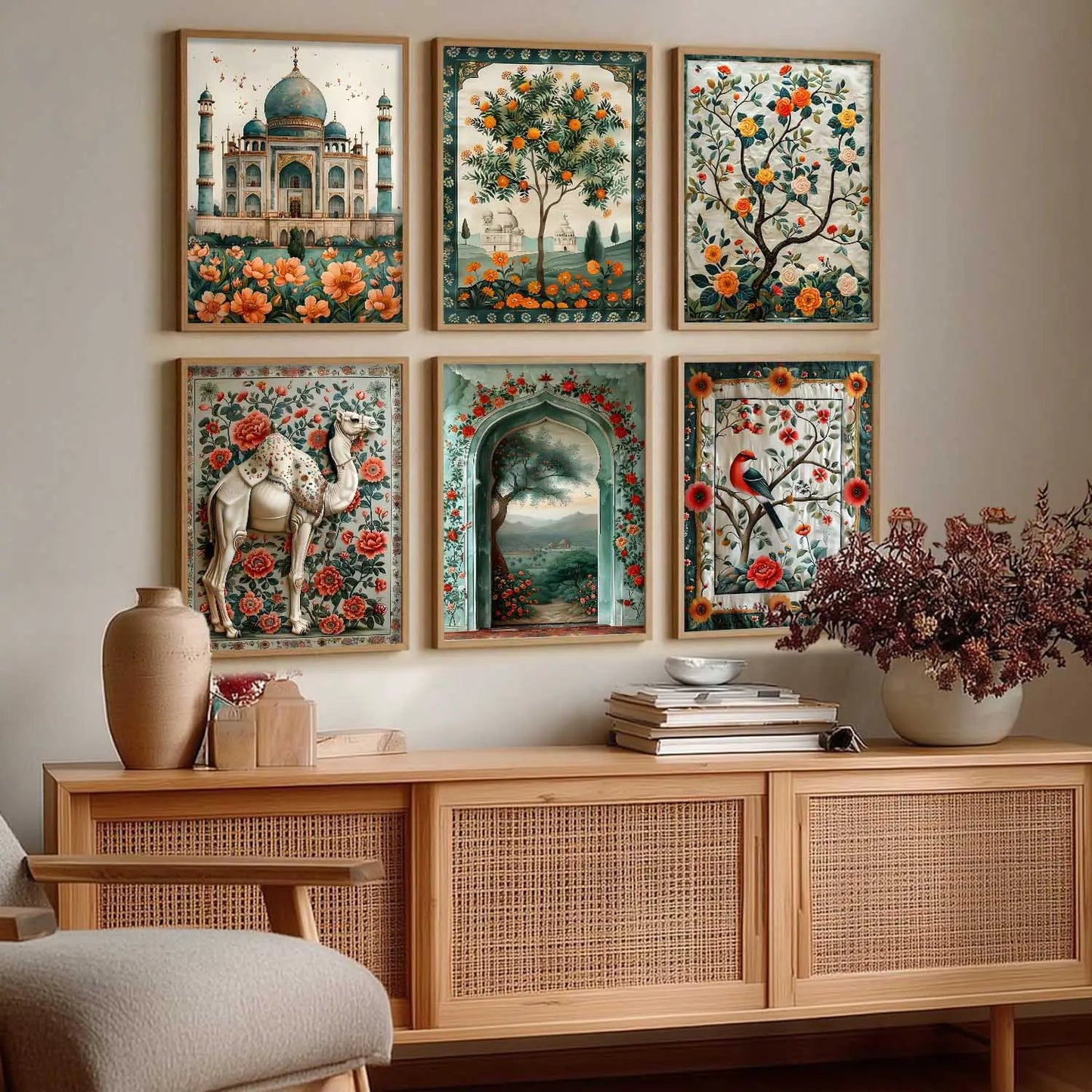 Traditional Indian Inspired Madhubani Art Prints with Frame for Living Room Bedroom Home and Office Wall Décor Set of 6