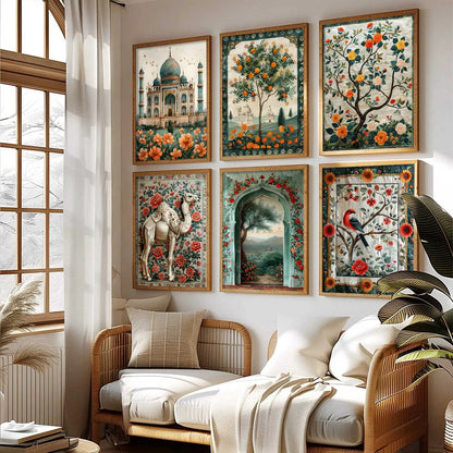 Traditional Indian Inspired Madhubani Art Prints with Frame for Living Room Bedroom Home and Office Wall Décor Set of 6