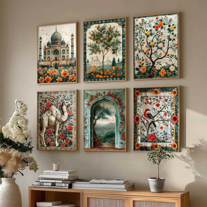 Traditional Indian Inspired Madhubani Art Prints with Frame for Living Room Bedroom Home and Office Wall Décor Set of 6