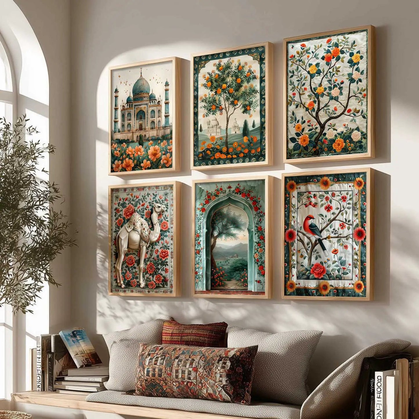 Traditional Indian Inspired Madhubani Art Prints with Frame for Living Room Bedroom Home and Office Wall Décor Set of 6