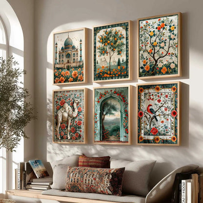 Traditional Indian Inspired Madhubani Art Prints with Frame for Living Room Bedroom Home and Office Wall Décor Set of 6