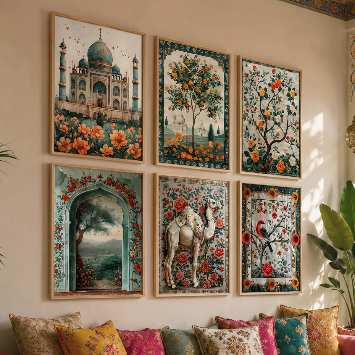 Traditional Indian Inspired Madhubani Art Prints with Frame for Living Room Bedroom Home and Office Wall Décor Set of 6