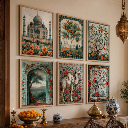 Traditional Indian Inspired Madhubani Art Prints with Frame for Living Room Bedroom Home and Office Wall Décor Set of 6