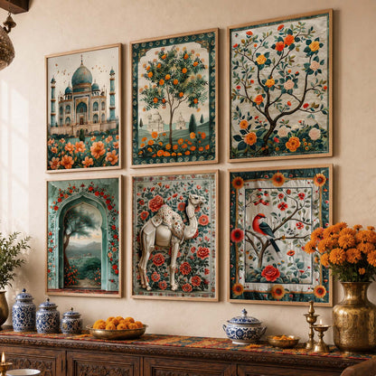 Traditional Indian Inspired Madhubani Art Prints with Frame for Living Room Bedroom Home and Office Wall Décor Set of 6