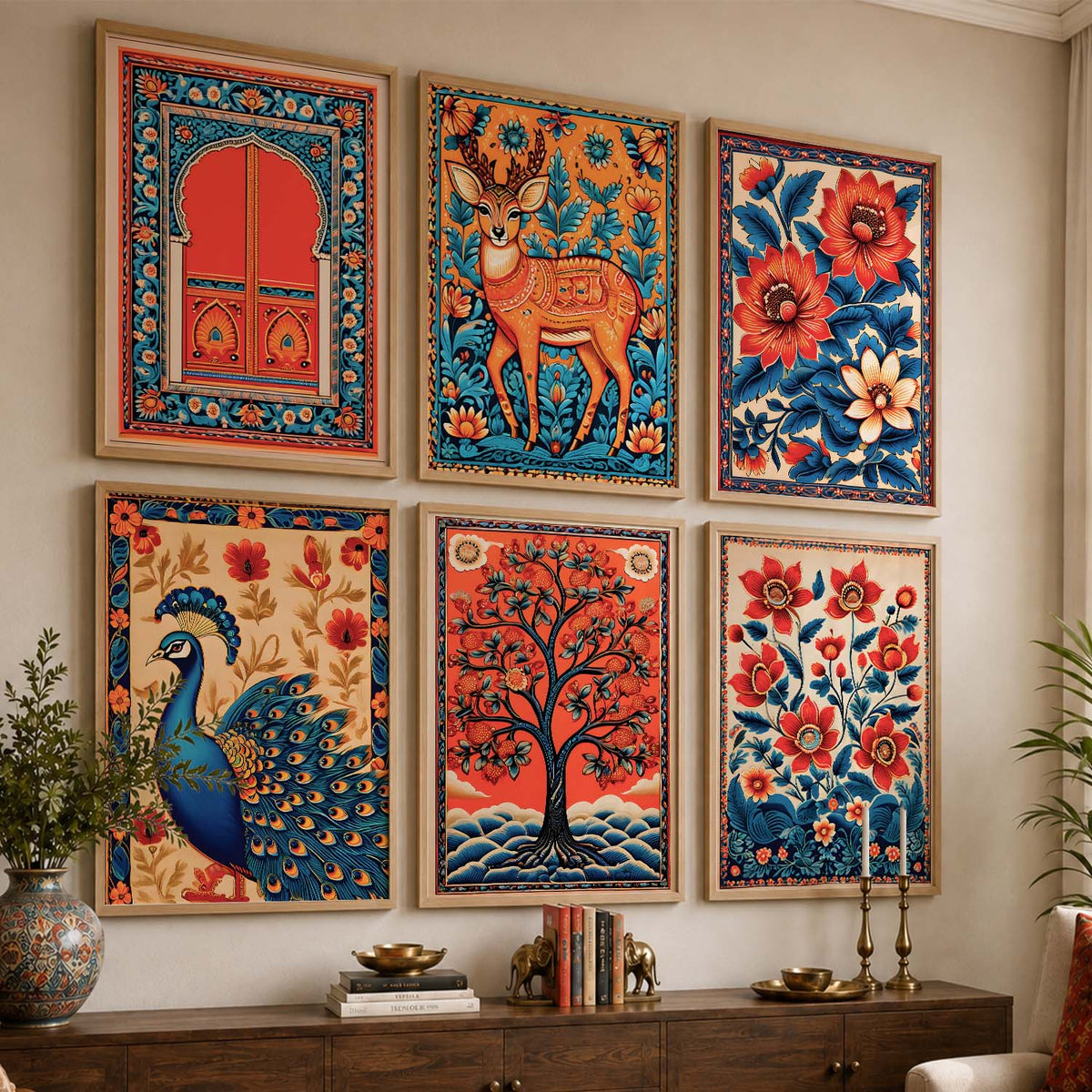 Traditional Indian Inspired Madhubani Art Prints with Frame for Living Room