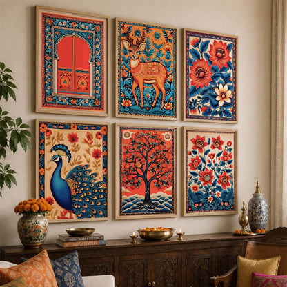 Traditional Indian Inspired Madhubani Art Prints with Frame for Living Room