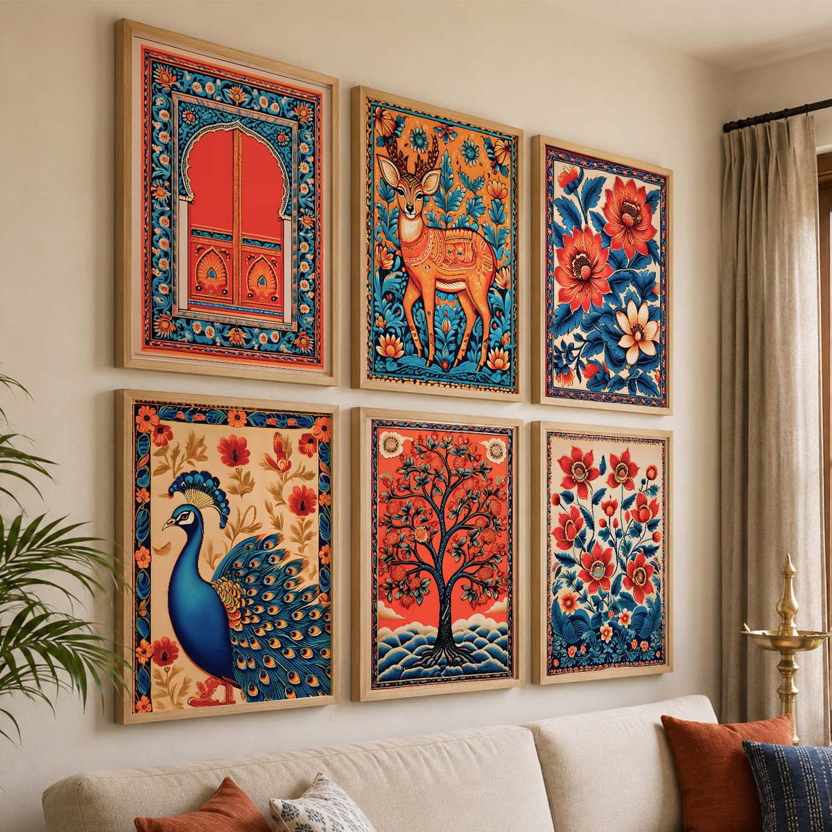 Traditional Indian Inspired Madhubani Art Prints with Frame for Living Room