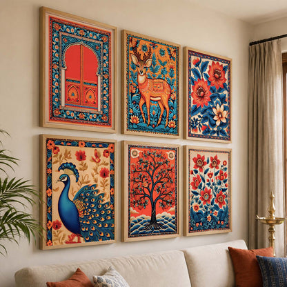 Traditional Indian Inspired Madhubani Art Prints with Frame for Living Room