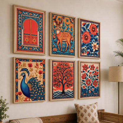 Traditional Indian Inspired Madhubani Art Prints with Frame for Living Room