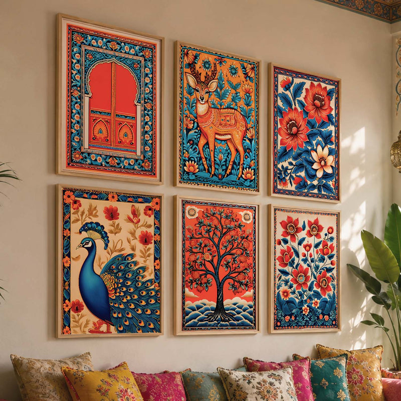 Traditional Indian Inspired Madhubani Art Prints with Frame for Living Room