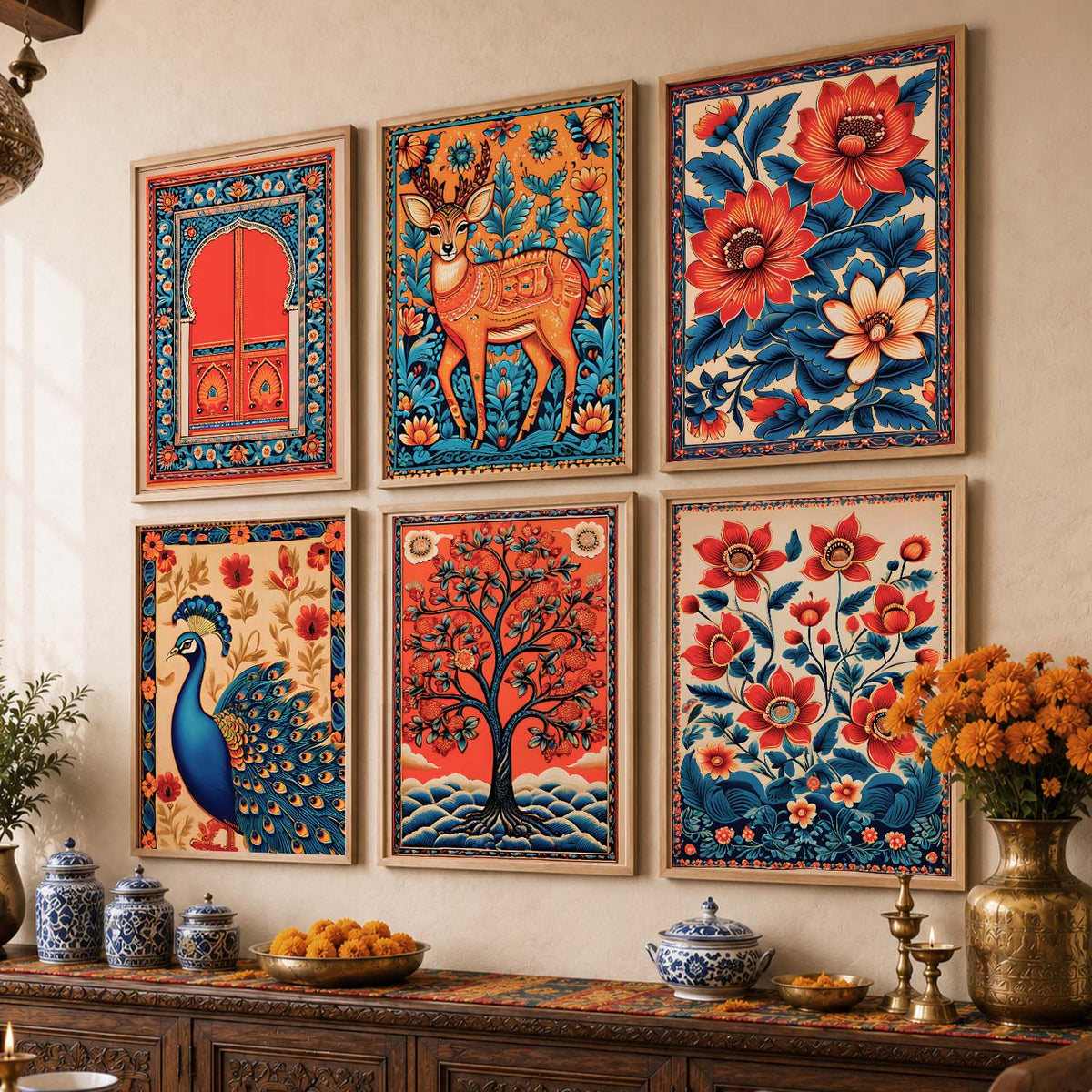 Traditional Indian Inspired Madhubani Art Prints with Frame for Living Room