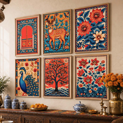 Traditional Indian Inspired Madhubani Art Prints with Frame for Living Room