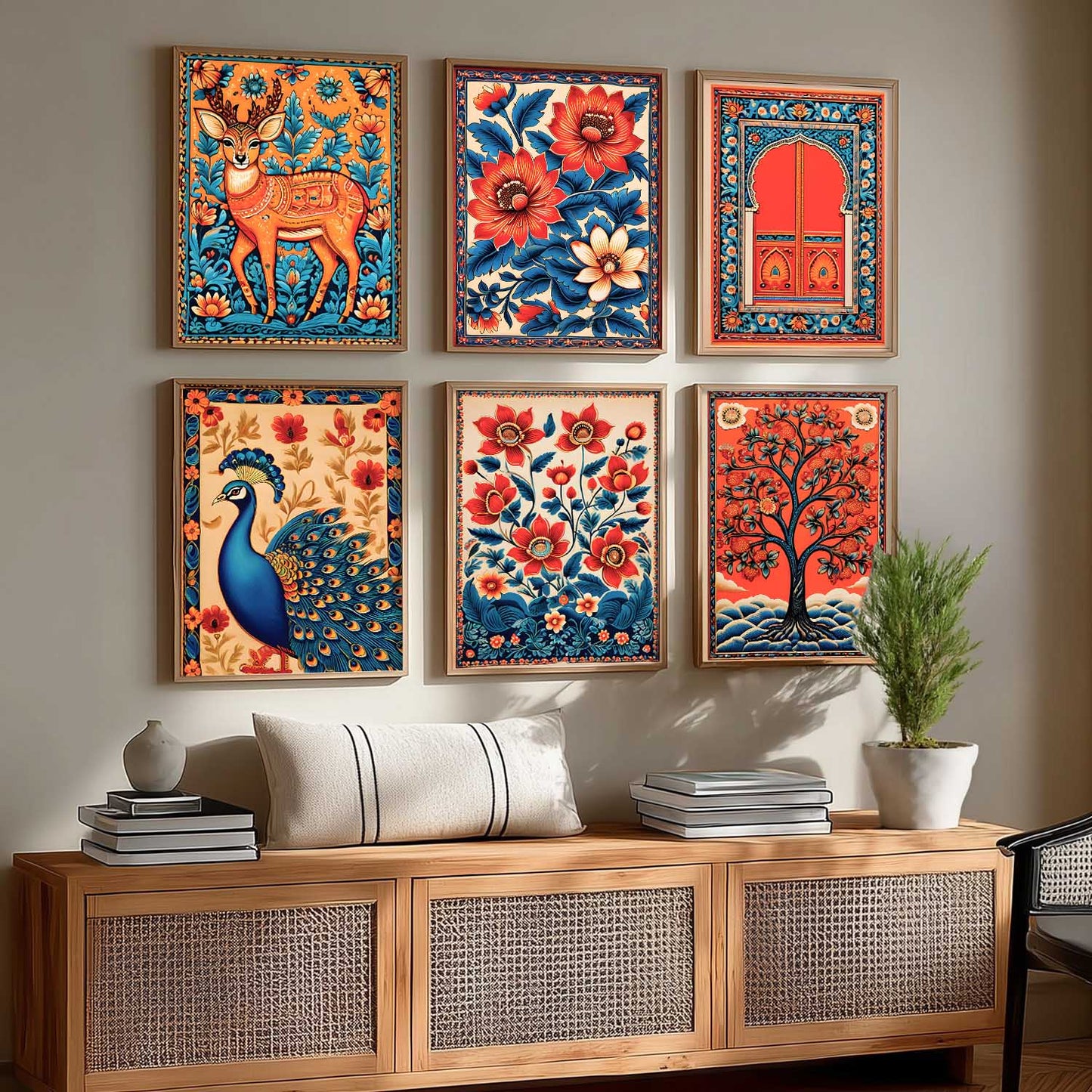 Traditional Indian Inspired Madhubani Art Prints with Frame for Living Room