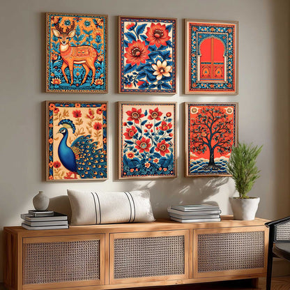 Traditional Indian Inspired Madhubani Art Prints with Frame for Living Room