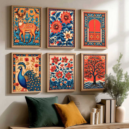 Traditional Indian Inspired Madhubani Art Prints with Frame for Living Room