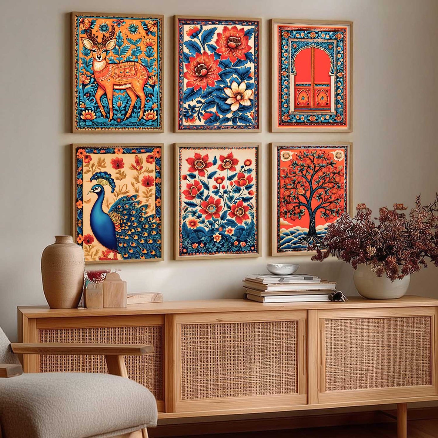 Traditional Indian Inspired Madhubani Art Prints with Frame for Living Room