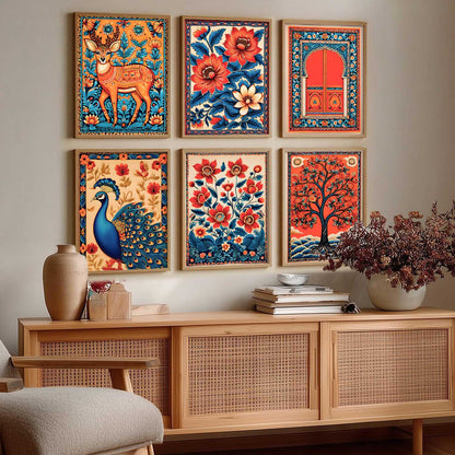 Traditional Indian Inspired Madhubani Art Prints with Frame for Living Room