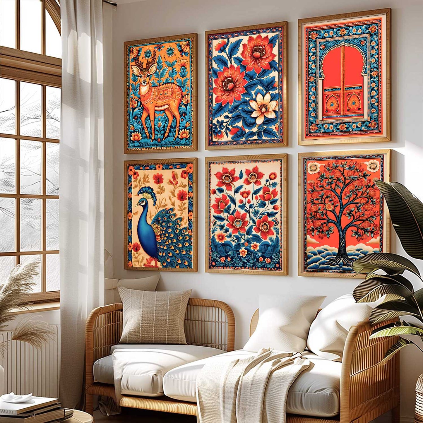Traditional Indian Inspired Madhubani Art Prints with Frame for Living Room