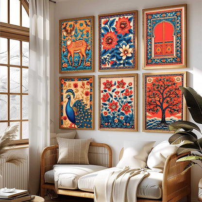 Traditional Indian Inspired Madhubani Art Prints with Frame for Living Room