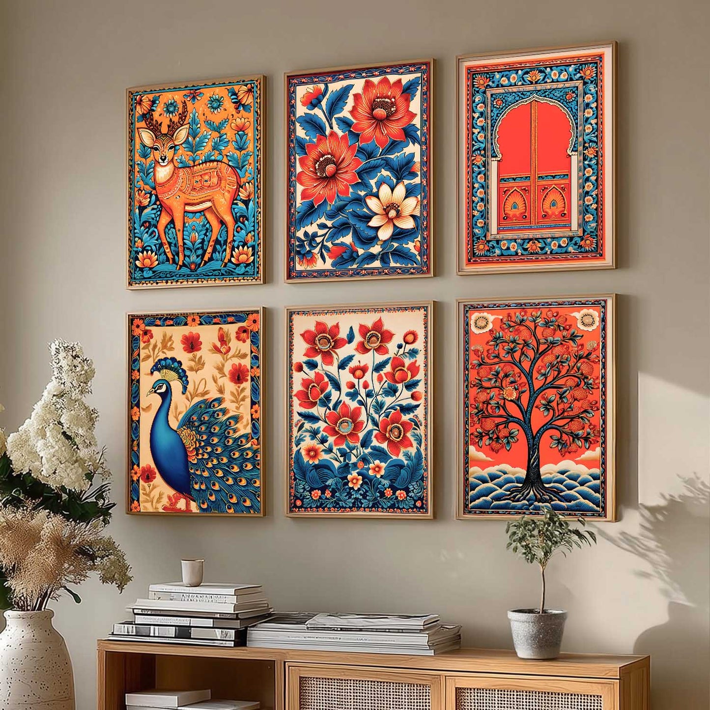 Traditional Indian Inspired Madhubani Art Prints with Frame for Living Room