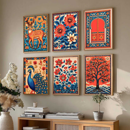 Traditional Indian Inspired Madhubani Art Prints with Frame for Living Room