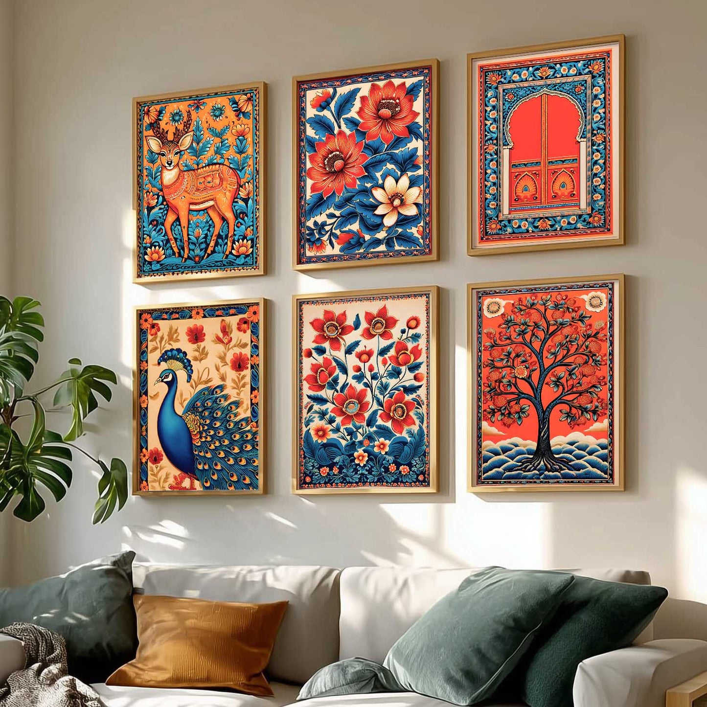 Traditional Indian Inspired Madhubani Art Prints with Frame for Living Room