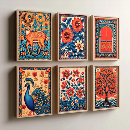 Traditional Indian Inspired Madhubani Art Prints with Frame for Living Room