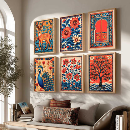 Traditional Indian Inspired Madhubani Art Prints with Frame for Living Room