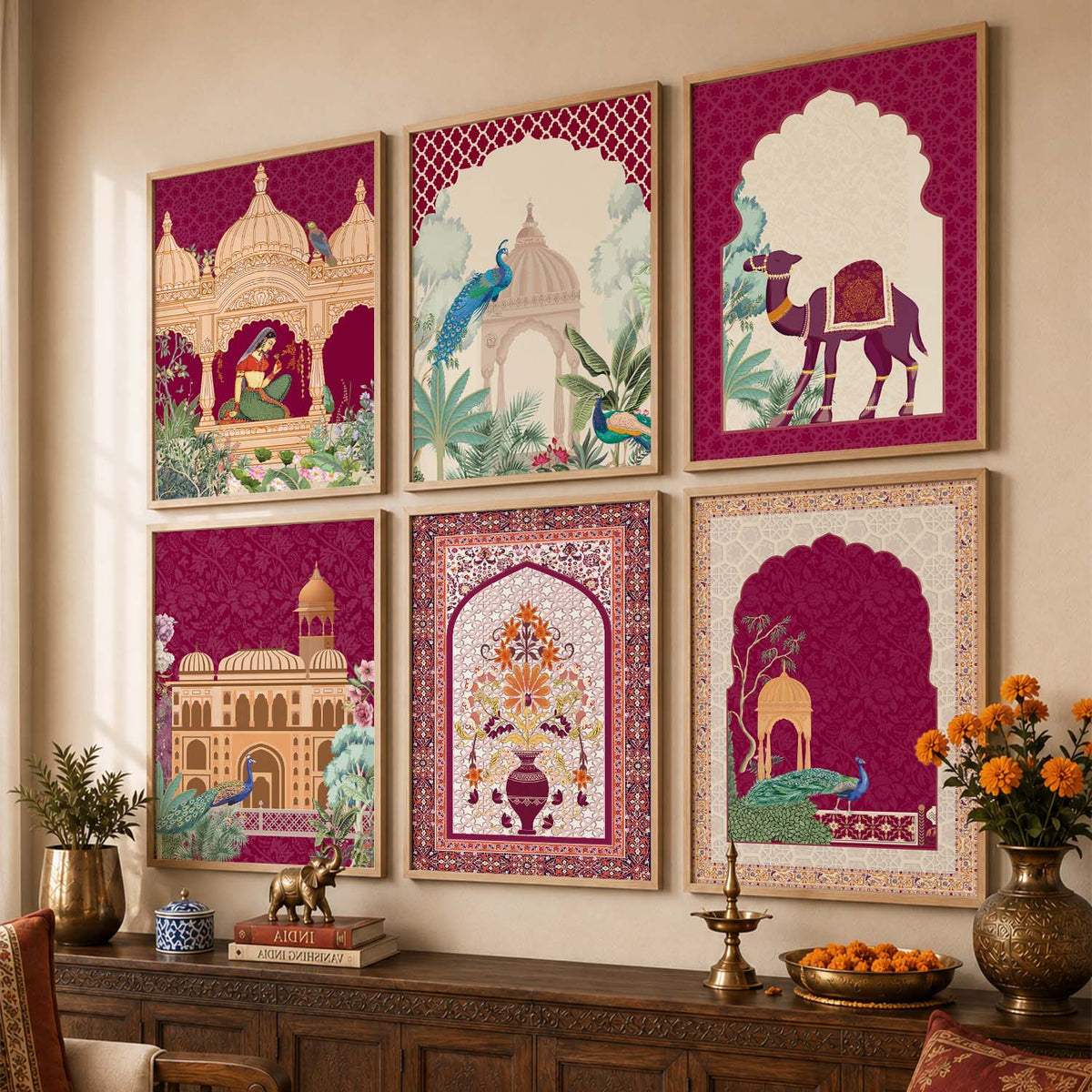 Traditional Indian Inspired Madhubani Art Prints with Frame for Living Room