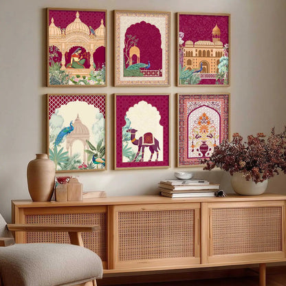 Traditional Indian Inspired Madhubani Art Prints with Frame for Living Room