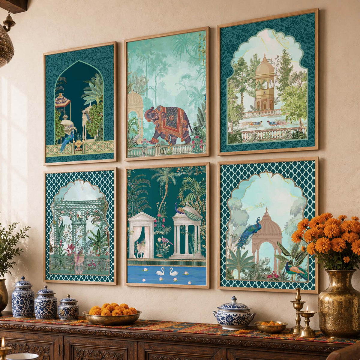 Traditional Indian Inspired Madhubani Art Prints with Frame for Living Room