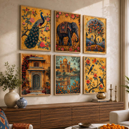 Traditional Indian Inspired Madhubani Art Prints with Frame for Living Room