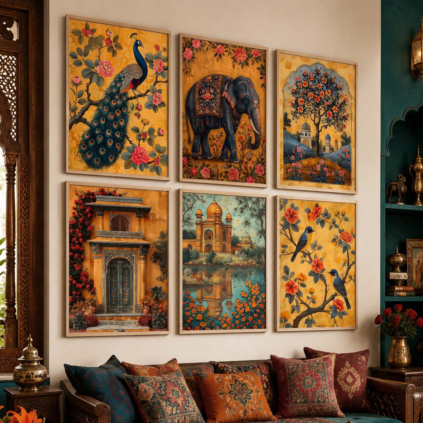 Traditional Indian Inspired Madhubani Art Prints with Frame for Living Room