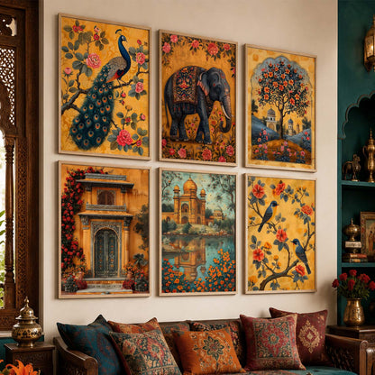 Traditional Indian Inspired Madhubani Art Prints with Frame for Living Room