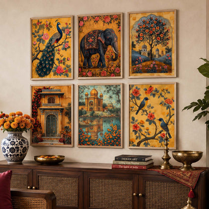Traditional Indian Inspired Madhubani Art Prints with Frame for Living Room