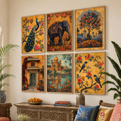 Traditional Indian Inspired Madhubani Art Prints with Frame for Living Room