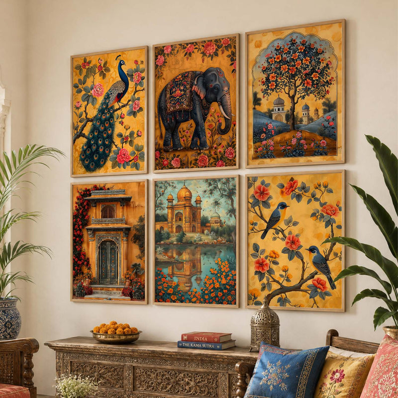 Traditional Indian Inspired Madhubani Art Prints with Frame for Living Room