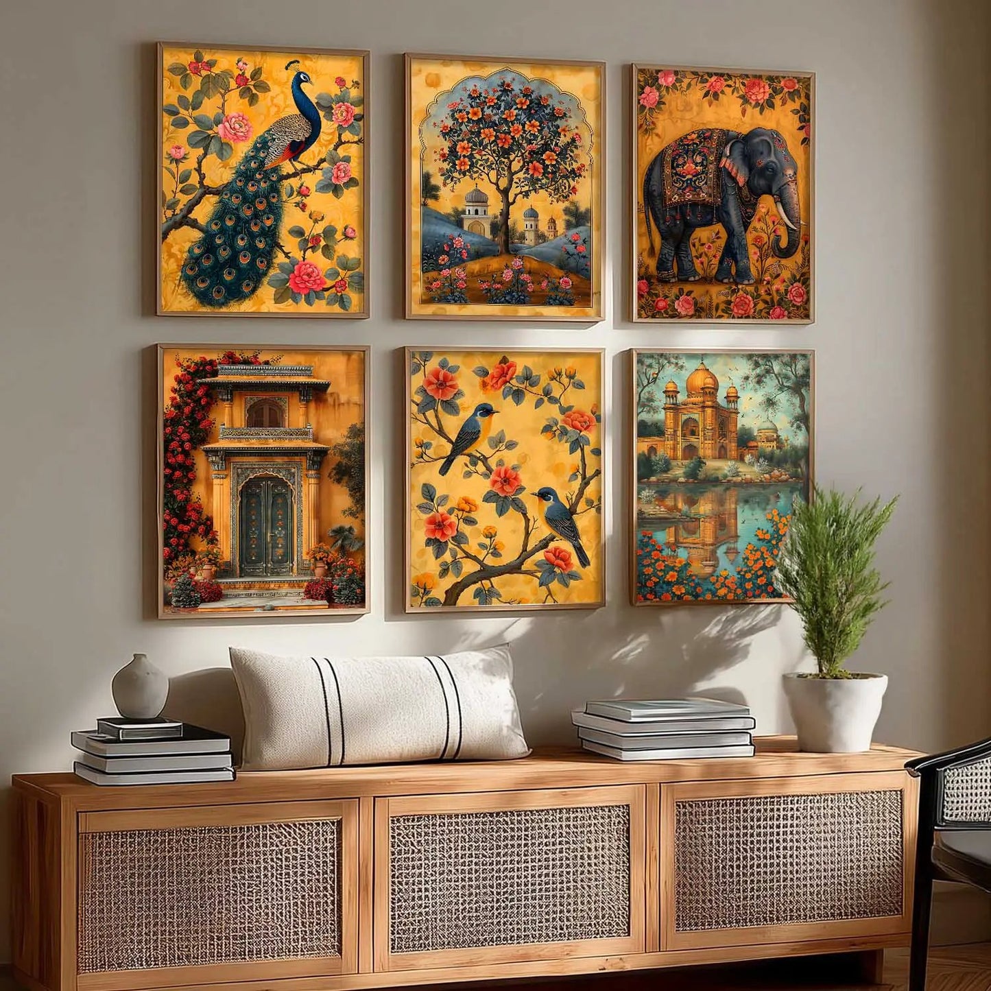 Traditional Indian Inspired Madhubani Art Prints with Frame for Living Room