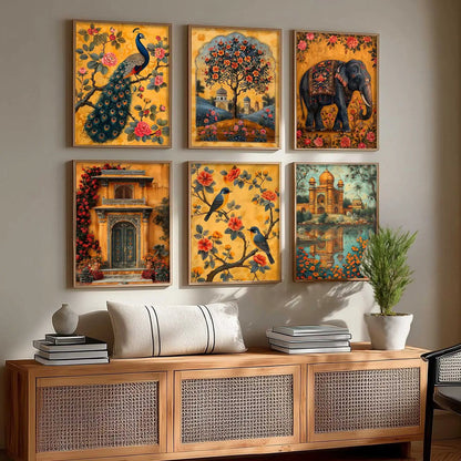 Traditional Indian Inspired Madhubani Art Prints with Frame for Living Room