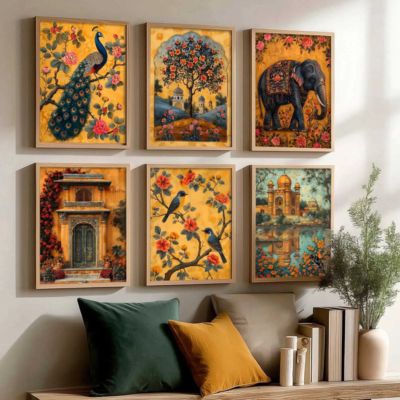 Traditional Indian Inspired Madhubani Art Prints with Frame for Living Room