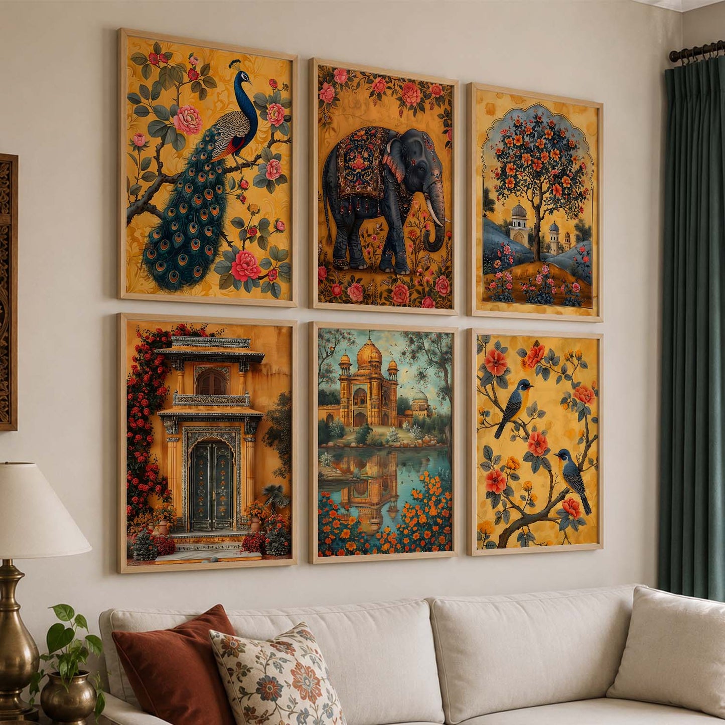 Traditional Indian Inspired Madhubani Art Prints with Frame for Living Room