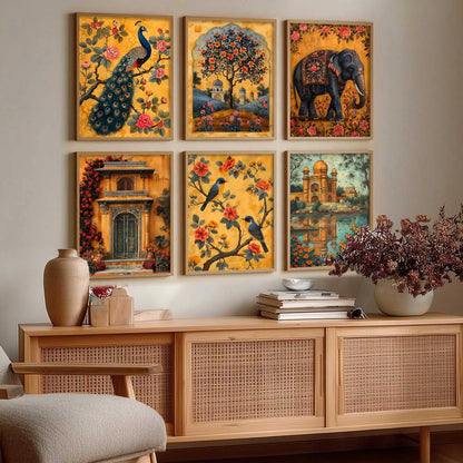 Traditional Indian Inspired Madhubani Art Prints with Frame for Living Room