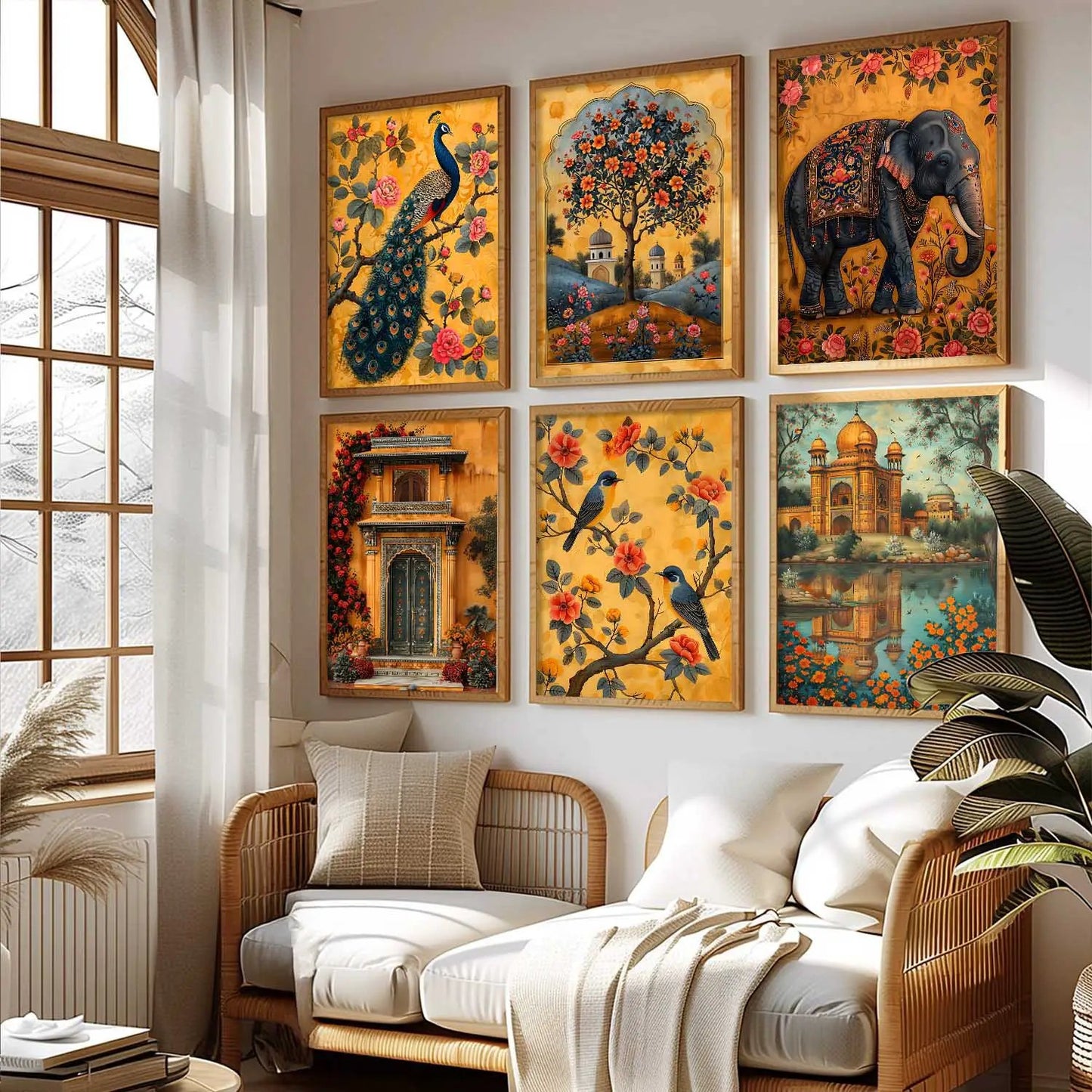 Traditional Indian Inspired Madhubani Art Prints with Frame for Living Room