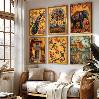 Traditional Indian Inspired Madhubani Art Prints with Frame for Living Room