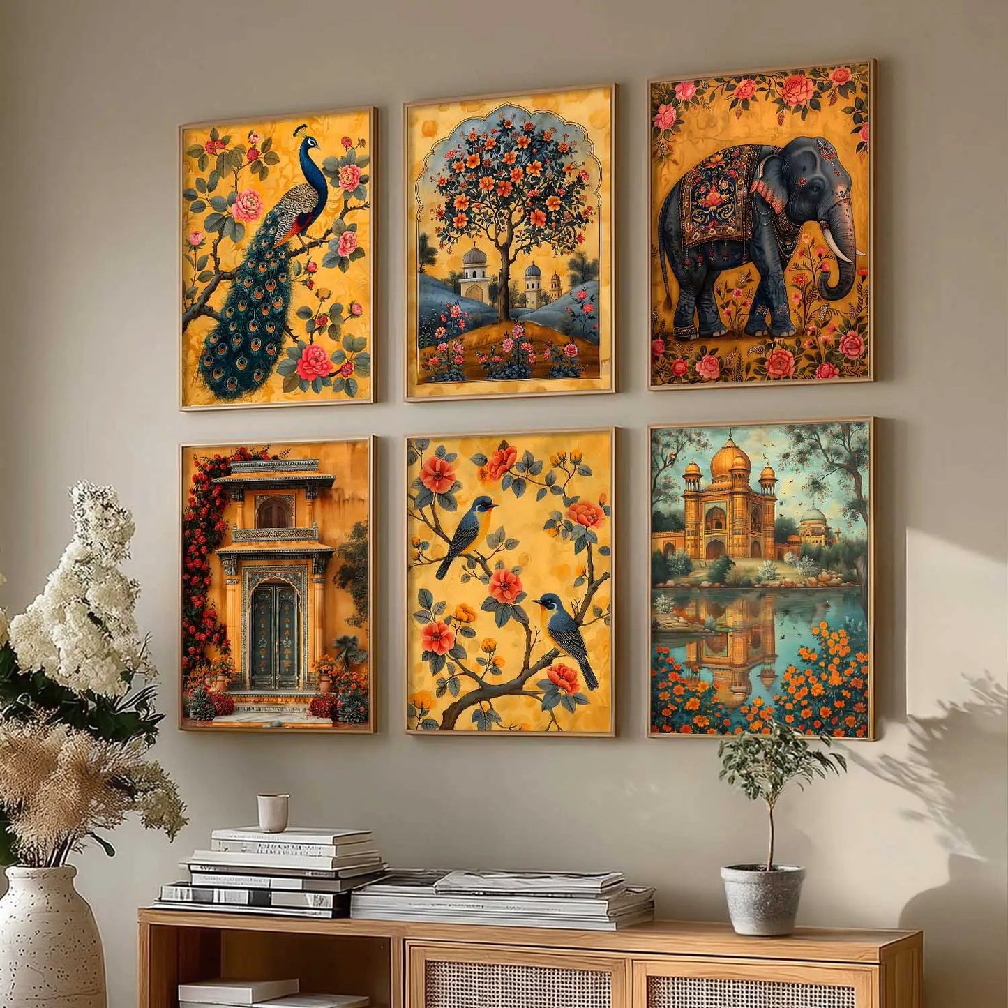 Traditional Indian Inspired Madhubani Art Prints with Frame for Living Room