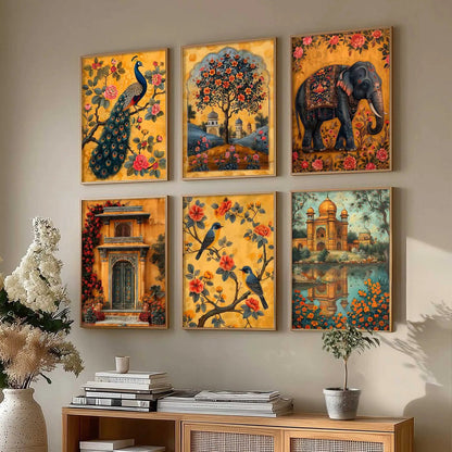 Traditional Indian Inspired Madhubani Art Prints with Frame for Living Room