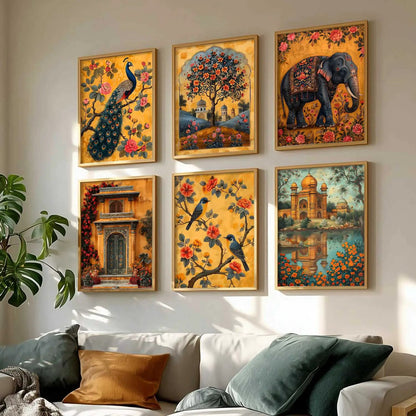Traditional Indian Inspired Madhubani Art Prints with Frame for Living Room