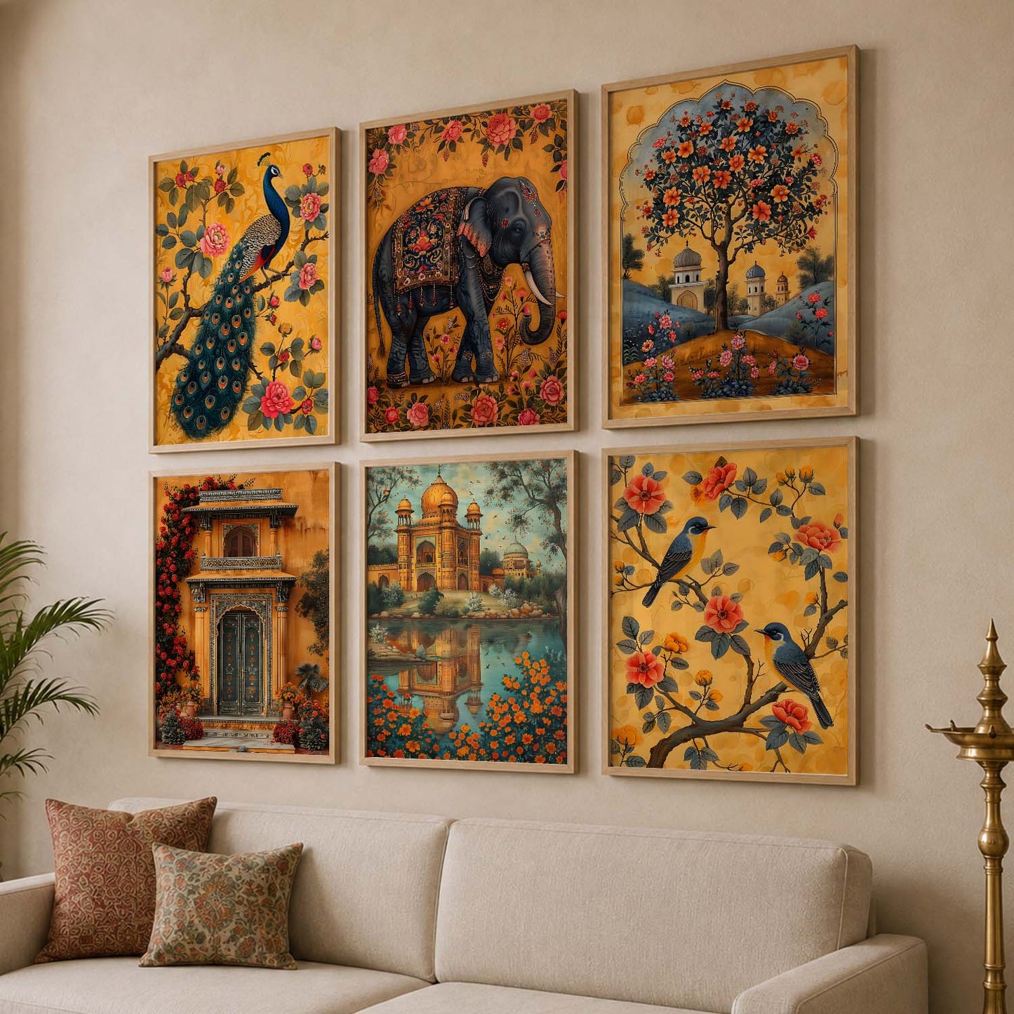 Traditional Indian Inspired Madhubani Art Prints with Frame for Living Room