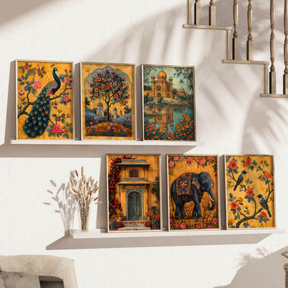 Traditional Indian Inspired Madhubani Art Prints with Frame for Living Room